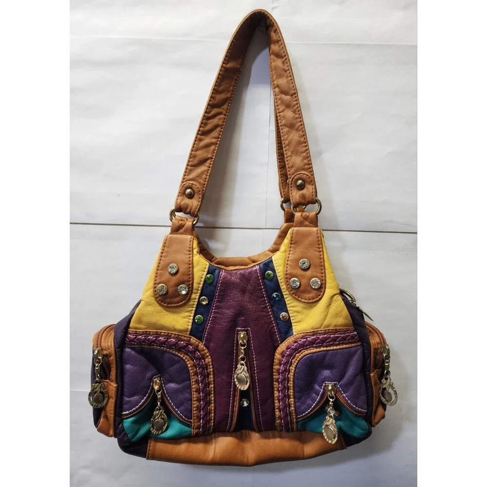 Vintage Y2K Boho Patchwork Shoulder Bag Colorful Rhinestone Studded Multi Pocket